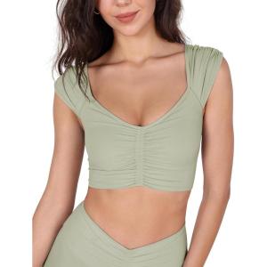 imageODODOS Ruched Front Crop Tank for Women VNeck Cut Out Back Cap Sleeve Cropped TopsLime Stone