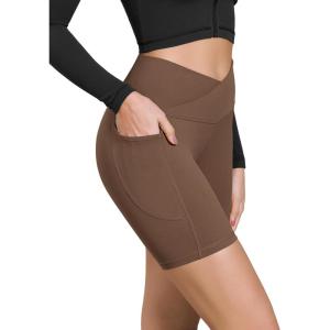 imageODODOS Cloud Feeling Cross Waist Yoga Shorts with Pockets for Women 6quot Crossover High Waist Lounge Biker ShortsBrunette