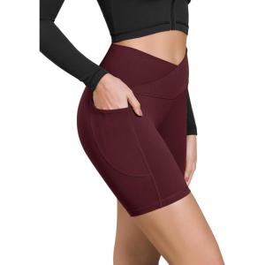 imageODODOS Cloud Feeling Cross Waist Yoga Shorts with Pockets for Women 6quot Crossover High Waist Lounge Biker ShortsBurgundy