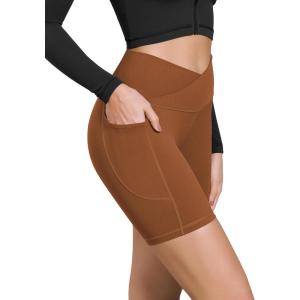 imageODODOS Cloud Feeling Cross Waist Yoga Shorts with Pockets for Women 6quot Crossover High Waist Lounge Biker ShortsCaramel