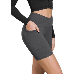 imageODODOS Cloud Feeling Cross Waist Yoga Shorts with Pockets for Women 6quot Crossover High Waist Lounge Biker ShortsCharcoal