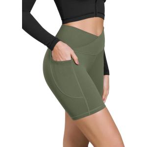imageODODOS Cloud Feeling Cross Waist Yoga Shorts with Pockets for Women 6quot Crossover High Waist Lounge Biker ShortsDark Olive
