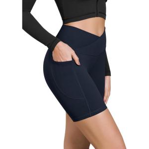 imageODODOS Cloud Feeling Cross Waist Yoga Shorts with Pockets for Women 6quot Crossover High Waist Lounge Biker ShortsDeep Navy