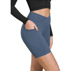 imageODODOS Cloud Feeling Cross Waist Yoga Shorts with Pockets for Women 6quot Crossover High Waist Lounge Biker ShortsInk Blue