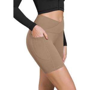 imageODODOS Cloud Feeling Cross Waist Yoga Shorts with Pockets for Women 6quot Crossover High Waist Lounge Biker ShortsLight Brown
