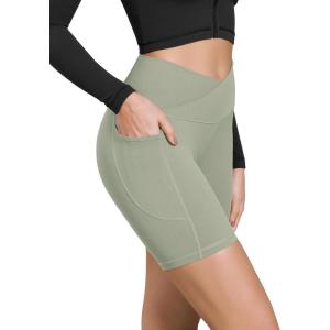 imageODODOS Cloud Feeling Cross Waist Yoga Shorts with Pockets for Women 6quot Crossover High Waist Lounge Biker ShortsLime Stone