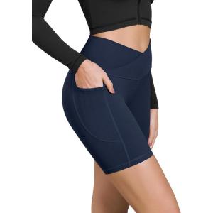 imageODODOS Cloud Feeling Cross Waist Yoga Shorts with Pockets for Women 6quot Crossover High Waist Lounge Biker ShortsNavy