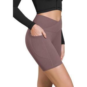 imageODODOS Cloud Feeling Cross Waist Yoga Shorts with Pockets for Women 6quot Crossover High Waist Lounge Biker ShortsPurple Taupe