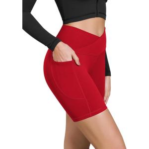 imageODODOS Cloud Feeling Cross Waist Yoga Shorts with Pockets for Women 6quot Crossover High Waist Lounge Biker ShortsRed