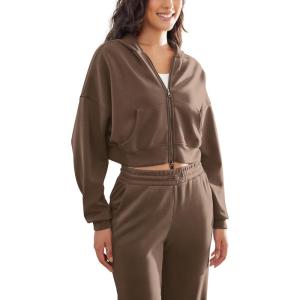 imageODODOS Womens Modal Soft FullZip Cropped Hoodies with Pockets Long Sleeve Crop Casual SweatshirtsNutria