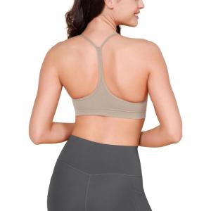 imageODODOS Cloud Feeling Y Racerback Sports Bra for Women Wirefree Padded Strappy Yoga BraShaker Beige