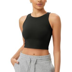 imageODODOS Cloud Feeling High Neck Crop Tank for Women Double Layer Sleeveless Casual Yoga Cropped TopsBlack