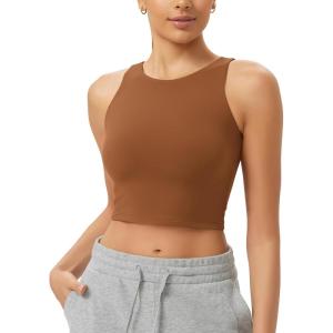 imageODODOS Cloud Feeling High Neck Crop Tank for Women Double Layer Sleeveless Casual Yoga Cropped TopsCaramel
