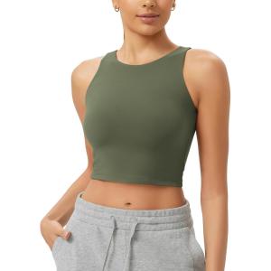 imageODODOS Cloud Feeling High Neck Crop Tank for Women Double Layer Sleeveless Casual Yoga Cropped TopsDark Olive
