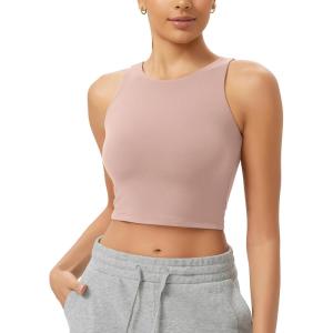 imageODODOS Cloud Feeling High Neck Crop Tank for Women Double Layer Sleeveless Casual Yoga Cropped TopsDusty Pink