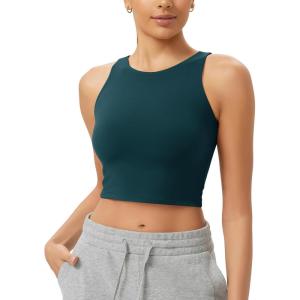 imageODODOS Cloud Feeling High Neck Crop Tank for Women Double Layer Sleeveless Casual Yoga Cropped TopsForest Teal
