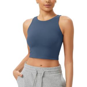 imageODODOS Cloud Feeling High Neck Crop Tank for Women Double Layer Sleeveless Casual Yoga Cropped TopsInk Blue