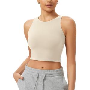 imageODODOS Cloud Feeling High Neck Crop Tank for Women Double Layer Sleeveless Casual Yoga Cropped TopsOat Milk
