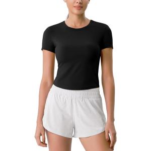 imageODODOS Cloud Feeling Short Sleeve Tee for Women Curved Hem Crew Neck Crop Tops Summer Yoga TShirtsBlack