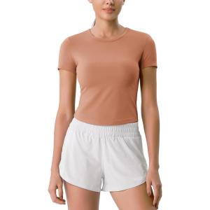 imageODODOS Cloud Feeling Short Sleeve Tee for Women Curved Hem Crew Neck Crop Tops Summer Yoga TShirtsBrown