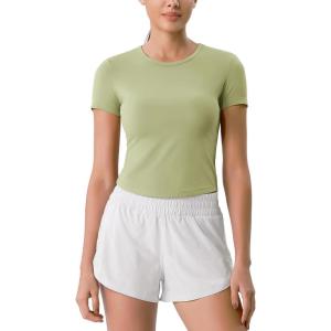 imageODODOS Cloud Feeling Short Sleeve Tee for Women Curved Hem Crew Neck Crop Tops Summer Yoga TShirtsCeladon Green