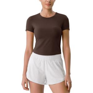 imageODODOS Cloud Feeling Short Sleeve Tee for Women Curved Hem Crew Neck Crop Tops Summer Yoga TShirtsCocoa