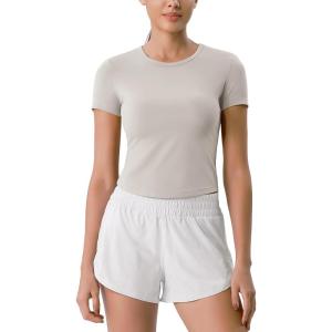 imageODODOS Cloud Feeling Short Sleeve Tee for Women Curved Hem Crew Neck Crop Tops Summer Yoga TShirtsQuiet Gray