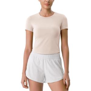imageODODOS Cloud Feeling Short Sleeve Tee for Women Curved Hem Crew Neck Crop Tops Summer Yoga TShirtsSand
