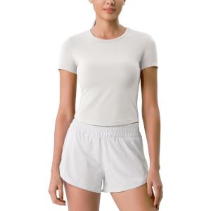 imageODODOS Cloud Feeling Short Sleeve Tee for Women Curved Hem Crew Neck Crop Tops Summer Yoga TShirtsWhite