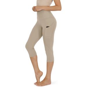 imageODODOS Womens High Waisted Yoga Capris with Pockets Tummy Control Non See Through Workout Athletic Running Capri LeggingsDark Beige