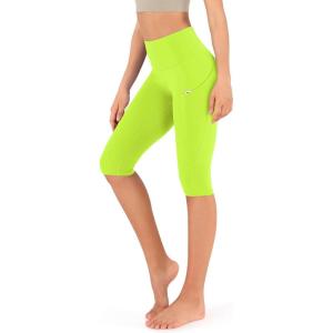 imageODODOS Womens High Waisted Yoga Capris with Pockets Tummy Control Non See Through Workout Athletic Running Capri LeggingsNeon Green
