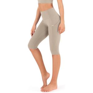imageODODOS Womens High Waisted Yoga Capris with Pockets Tummy Control Non See Through Workout Athletic Running Capri LeggingsShaker Beige