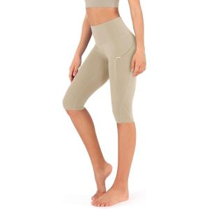 imageODODOS Womens High Waisted Yoga Capris with Pockets Tummy Control Non See Through Workout Athletic Running Capri LeggingsTaupe