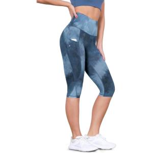 imageODODOS Womens High Waisted Yoga Capris with Pockets Tummy Control Non See Through Workout Athletic Running Capri LeggingsTie Dye Naval Blue