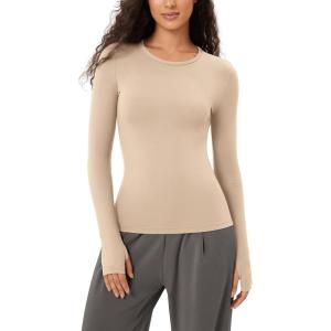 imageODODOS Cloud Feeling Long Sleeve Shirts with Thumb Hole for Women Crew Neck Yoga Tee Workout TopsBeige