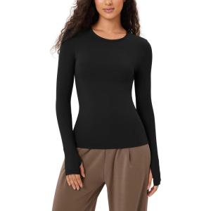 imageODODOS Cloud Feeling Long Sleeve Shirts with Thumb Hole for Women Crew Neck Yoga Tee Workout TopsBlack