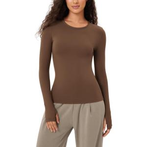 imageODODOS Cloud Feeling Long Sleeve Shirts with Thumb Hole for Women Crew Neck Yoga Tee Workout TopsBrunette