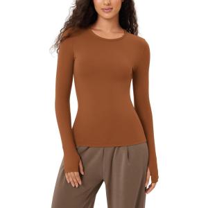 imageODODOS Cloud Feeling Long Sleeve Shirts with Thumb Hole for Women Crew Neck Yoga Tee Workout TopsCaramel