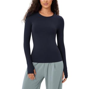 imageODODOS Cloud Feeling Long Sleeve Shirts with Thumb Hole for Women Crew Neck Yoga Tee Workout TopsDeep Navy
