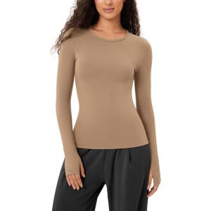 imageODODOS Cloud Feeling Long Sleeve Shirts with Thumb Hole for Women Crew Neck Yoga Tee Workout TopsLight Brown