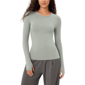 imageODODOS Cloud Feeling Long Sleeve Shirts with Thumb Hole for Women Crew Neck Yoga Tee Workout TopsLime Stone