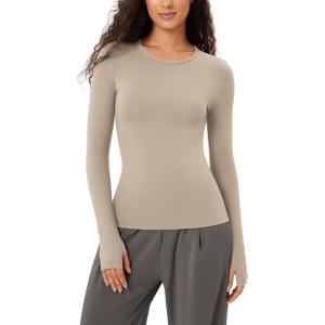 imageODODOS Cloud Feeling Long Sleeve Shirts with Thumb Hole for Women Crew Neck Yoga Tee Workout TopsShaker Beige
