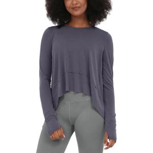 imageODODOS Long Sleeve Tee for Women with Thumb Hole Athletic Gym Workout Crop Tops Yoga ShirtsNavy Bluewashed