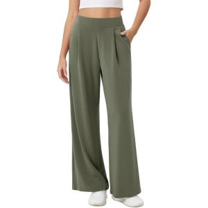 imageODODOS Modal Soft Wide Leg Pants for Women High Waist Casual Relaxed Pants with Pockets2729quot 31quot InseamDark Sage