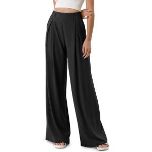 imageODODOS Chiffon Flowy Pleated Wide Leg Pants for Women Builtin Shorts Lightweight High Waist Trouser with PocketsBlack