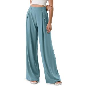 imageODODOS Chiffon Flowy Pleated Wide Leg Pants for Women Builtin Shorts Lightweight High Waist Trouser with PocketsBrittany Blue