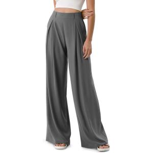 imageODODOS Chiffon Flowy Pleated Wide Leg Pants for Women Builtin Shorts Lightweight High Waist Trouser with PocketsCharcoal