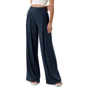 imageODODOS Chiffon Flowy Pleated Wide Leg Pants for Women Builtin Shorts Lightweight High Waist Trouser with PocketsDark Blue