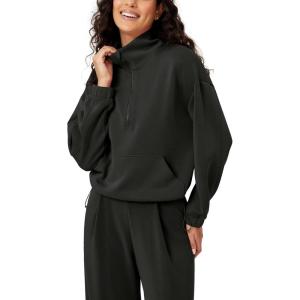 imageODODOS Womens Modal Soft Cinchable Sweatshirts Half Zipper Funnel Neck Oversize Pullover with PocketsBlack