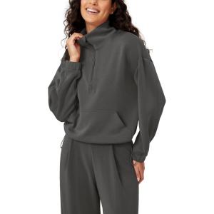 imageODODOS Womens Modal Soft Cinchable Sweatshirts Half Zipper Funnel Neck Oversize Pullover with PocketsCharcoal
